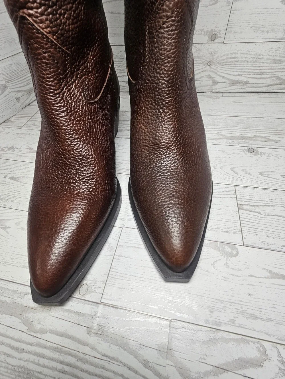 NWT ZARA Brown Pebbled Leather Western Cowboy Boots Women's 6.5 EUR 37